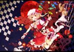  1girl apple argyle argyle_background bat blonde_hair blush coin cup flandre_scarlet food fruit full_moon gensou_aporo hat laevatein looking_at_viewer moon open_mouth red_eyes red_moon red_skirt short_hair side_ponytail skirt solo star stuffed_animal stuffed_toy tea teacup teddy_bear touhou wings wrist_cuffs 
