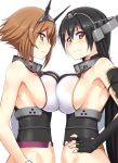  2girls bare_shoulders black_hair blush breast_press breasts brown_hair elbow_gloves fingerless_gloves gloves green_eyes hair_ornament hairband headgear kamata_yuuya kantai_collection large_breasts long_hair looking_at_viewer multiple_girls mutsu_(kantai_collection) nagato_(kantai_collection) red_eyes short_hair simple_background symmetrical_docking white_background 