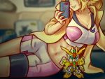  absurdres blue_eyes breasts brown_hair cellphone gundam gundam_build_fighters gundam_build_fighters_try highres hoshino_fumina large_breasts midriff navel phone plamopony smartphone spandex sports_bra winning_gundam 