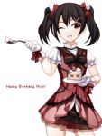  1girl black_hair blush bow cake food gloves hair_bow happy_birthday looking_at_viewer love_live!_school_idol_project one_eye_closed open_mouth red_eyes short_hair skirt smile solo torigoe_takumi twintails yazawa_nico 