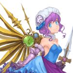  1girl bare_shoulders black_gloves blue_eyes blush breasts cleavage clock collarbone covered_navel dagger dress frills gloves hat holding jyon mechanical_wings pink_hair puzzle_&amp;_dragons short_hair simple_background skuld_(p&amp;d) solo strapless_dress vambraces weapon white_background wings 