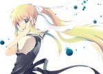  1girl air blonde_hair blue_eyes bow hair_bow hair_ornament hair_ribbon hand_on_own_head kamio_misuzu kera long_hair looking_at_viewer parted_lips ponytail ribbon simple_background solo white_background wind 