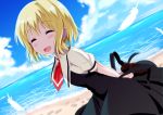  1girl ^_^ air alternate_hair_length alternate_hairstyle arms_behind_back beach blonde_hair closed_eyes dutch_angle feathers gochou_(atemonai_heya) horizon kamio_misuzu looking_at_viewer ocean open_mouth short_hair sky smile solo 