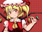  1girl ascot blonde_hair blush coin doku_corne fang flandre_scarlet hat plaid plaid_background red_background red_eyes short_hair side_ponytail smile solo touhou wings 