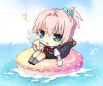  1girl ? blue_eyes chibi gloves grey_legwear ice_cream_cone innertube kantai_collection neck_ribbon pink_hair ponytail ribbon school_uniform shiranui_(kantai_collection) short_hair socks takamura_masaya tongue tongue_out vest water white_gloves 