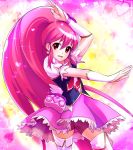  1girl aino_megumi arm_up bike_shorts cure_lovely earrings happinesscharge_precure! heart highres jewelry long_hair magical_girl multicolored_background pink_eyes pink_hair pink_skirt ponytail precure shorts_under_skirt skirt smile solo teketeke thigh-highs white_legwear wrist_cuffs 