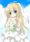 1girl air ayabisu blonde_hair blue_eyes bouquet bridal_veil dress elbow_gloves flower gloves hair_ribbon kamio_misuzu long_hair ponytail ribbon tiara veil wedding_dress 