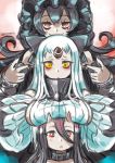  3girls bags_under_eyes battleship-symbiotic_hime black_hair breast_rest breasts breasts_on_head frills gothic_lolita horn horns isolated_island_oni kantai_collection kurono_tokage lolita_fashion long_hair multiple_girls red_eyes seaport_hime shinkaisei-kan smile yellow_eyes 