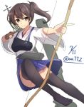  archer blue_eyes bow_and_arrow brown_hair kaga_(kantai_collection) kantai_collection long_hair miko personification ponytail 