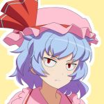  1girl annoyed blue_hair bust cato_(monocatienus) fang_out frilled_shirt_collar frown messy_hair mob_cap outline red_eyes remilia_scarlet short_hair solo touhou 