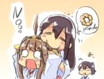  /\/\/\ 3girls ahoge akagi_(kantai_collection) black_hair brown_hair commentary_request crying crying_with_eyes_open doughnut eating engiyoshi hair_bun hair_ornament hairband kaga_(kantai_collection) kantai_collection kongou_(kantai_collection) long_hair multiple_girls open_mouth side_ponytail spoken_object surprised sweat tears 