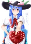  1girl black_hat blue_hair blue_skirt food fruit gift giving hand_on_hip hat hinanawi_tenshi long_hair looking_to_the_side momo_retasu neck_ribbon outstretched_arm peach puffy_short_sleeves puffy_sleeves red_eyes ribbon shirt short_sleeves skirt skirt_set solo touhou valentine white_shirt 