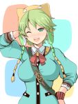  1girl arm_behind_head atelier_(series) atelier_shallie azuki_(azki0214dai_z) breasts green_eyes green_hair hand_on_hip hat large_breasts one_eye_closed open_mouth shallotte_elminus solo 