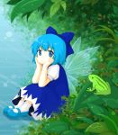  1girl ankle_socks blue_eyes blue_hair bow cirno dress dress_shirt flower frog hair_bow hands_on_own_cheeks hands_on_own_face ice ice_wings leaf looking_at_viewer mary_janes nature petite puffy_short_sleeves puffy_sleeves shirt shoes short_hair short_sleeves sitting smile solo touhou white_legwear wings 