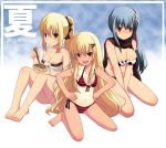  3girls bikini blonde_hair blue_hair brown_eyes chopsticks cow_print eigou fang long_hair multiple_girls one-piece_swimsuit original ponytail red_eyes scarf side_ponytail striped striped_bikini striped_swimsuit swimsuit tan tanline yakisoba 