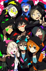  &gt;_&lt; 4girls 5boys :q ^_^ amamiya_hibiya black_hair blonde_hair blue_hair brown_eyes closed_eyes ene_(kagerou_project) green_hair grey_eyes hoodie kagerou_project kano_shuuya kido_tsubomi kisaragi_momo kisaragi_shintarou kl konoha_(kagerou_project) kozakura_mary multiple_boys multiple_girls open_mouth orange_hair paint paint_on_face paint_splatter red_eyes seto_kousuke smile spray_can tongue tongue_out v white_hair yellow_eyes 