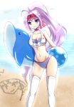  1girl alice360 ball beachball bikini dolphin highres inflatable_toy long_hair original ponytail purple_hair swimsuit thigh-highs violet_eyes 