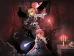  2girls :d alternate_hair_length alternate_hairstyle black_wings blonde_hair blouse book candle candlelight candlestand curtains dark ex-rumia frilled_sleeves frills koakuma long_hair long_sleeves magic multiple_girls night open_mouth outstretched_arms red_eyes redhead risutaru rumia skirt smile spread_arms torn_clothes torn_skirt touhou vest wings 