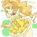  1girl blonde_hair bow character_name choker color_connection cure_honey cure_pine cure_pine_(cosplay) earrings fresh_precure! frilled_skirt frills hair_bow happinesscharge_precure! jewelry kasetsu long_hair magical_girl oomori_yuuko ponytail precure skirt smile solo wrist_cuffs yellow_eyes yellow_skirt 