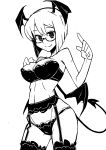  1girl alternate_hair_length alternate_hairstyle arm_up bat_wings bespectacled bra breasts contrapposto demon_tail garter_belt garter_straps glasses hand_on_own_chest head_wings highres index_finger_raised koakuma large_breasts looking_at_viewer low_wings maru_rx monochrome navel panties short_hair simple_background slit_pupils smile solo tail thigh-highs underwear underwear_only white_background wings 