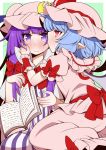  2girls blue_hair blush cheek_kiss crescent dress eichi_yuu hair_ribbon hat hat_ribbon kiss mob_cap multiple_girls patchouli_knowledge pink_dress pink_eyes pointy_ears puffy_short_sleeves puffy_sleeves purple_dress purple_hair remilia_scarlet ribbon sash short_sleeves striped striped_dress touhou tress_ribbon violet_eyes wrist_cuffs yuri 