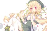  1girl blonde_hair cookie eating food hat long_hair looking_at_viewer low_twintails lowres original pf pleated_skirt red_eyes skirt solo twintails 