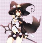  1girl adjusting_clothes adjusting_hat argyle argyle_background arm_warmers black_hair breasts cape choker cross earrings hat jewelry kazumi_(kazumi_magica) kazune_rain magical_girl mahou_shoujo_kazumi_magica mahou_shoujo_madoka_magica navel red_eyes short_hair skirt smile solo weapon witch_hat 