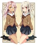  2girls black_legwear blonde_hair dark_skin fate/kaleid_liner_prisma_illya fate_(series) highres holding_hands illyasviel_von_einzbern kneeling kuro_(fate/kaleid_liner) long_hair looking_at_viewer multiple_girls one_side_up pink_hair red_eyes school_uniform skirt smile socks tazaki_hayato yellow_eyes 