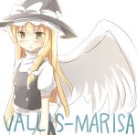  1girl angel_wings apron blonde_hair blush bow braid dress expressionless hat hat_bow kirisame_marisa puffy_short_sleeves puffy_sleeves ran_(9ens2000) short_sleeves single_braid solo sound_voltex touhou tsurime turtleneck vallis-neria waist_apron wings witch_hat yellow_eyes 