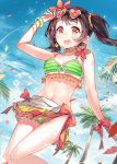  1girl bikini black_hair blush bracelet cozyquilt earrings heart-shaped_sunglasses highres jewelry looking_at_viewer love_live!_school_idol_project open_mouth palm_tree petals red_eyes smile solo sunglasses swimsuit tree twintails yazawa_nico 