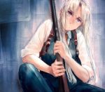  1girl blonde_hair blue_eyes dark_skin gun gunslinger_girl long_hair necktie shotgun triela weapon yukiguni_(ykgn) 