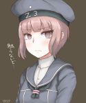  1girl beret brown_background brown_eyes brown_hair buttons dated empty_eyes frown hat highres kantai_collection long_sleeves looking_away military military_uniform short_hair simple_background solo text tomato_basil_(kawauso) translation_request uniform z3_max_schultz_(kantai_collection) 
