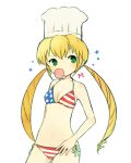  1girl american_flag_bikini ayu_(mog) bikini blonde_hair bubble_blowing bubblegum chef_hat flag_print green_eyes hand_on_hip hat long_hair looking_back monica_adenauer side-tie_bikini solo star swimsuit twintails yakitate!!_japan 