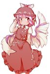  1girl animal_ears arm_behind_back arm_garter brown_dress dress grey_eyes hat ini_phm jewelry light_smile long_sleeves mystia_lorelei no_nose pink_hair puffy_long_sleeves puffy_sleeves short_hair side_glance single_earring solo touhou white_background wings 