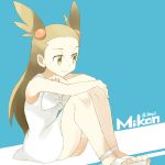  1girl arm_rest artist_name blue_background bow brown_eyes brown_hair character_name dress gym_leader hair_bobbles hair_ornament long_hair mikan_(pokemon) pokemon pokemon_(game) pokemon_gsc sandals sitting smile solo souji twintails white_dress 