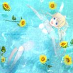  1girl :d afloat air blonde_hair blue_eyes casual collarbone dress feathers flower happy_birthday highres in_water kamio_misuzu kayune_niu looking_at_viewer lying open_mouth outstretched_arms partially_submerged ponytail smile solo spread_arms sunflower white_dress 
