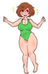  1girl barefoot blush_stickers breasts brown_eyes brown_hair cleavage curvy glasses inkerton-kun jumping large_breasts nikki_(swapnote) one-piece_swimsuit red-framed_glasses short_hair smile solo swapnote swimsuit 