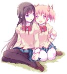  2girls :d akemi_homura black_hair black_legwear bow eye_contact grass hair_ribbon hairband highres holding_hands interlocked_fingers juliet_sleeves kaname_madoka loafers long_hair long_sleeves looking_at_another mahou_shoujo_madoka_magica multiple_girls open_mouth pantyhose pink_eyes pink_hair puffy_sleeves ribbon school_uniform shoes short_hair short_twintails simple_background sitting smile thigh-highs twintails violet_eyes white_background white_legwear yamada_ako yuri zettai_ryouiki 