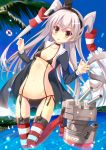  1girl amatsukaze_(kantai_collection) bikini black_bra blush bra brown_eyes choker hair_tubes kantai_collection long_hair navel open_clothes rensouhou-kun side-tie_bikini silver_hair small_breasts solo striped striped_legwear swimsuit takanashi_haruto thigh-highs two_side_up underwear water 