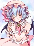  1girl ascot bat_wings blue_hair closed_eyes fang fingers_together hat irori looking_at_viewer mob_cap remilia_scarlet short_hair smile solo touhou wings wrist_cuffs 