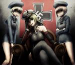  3girls :o bare_shoulders beret bismarck_(kantai_collection) blonde_hair blue_eyes bottomless brown_eyes brown_hair chair colored_eyelashes crossdressinging crossed_arms elbow_gloves frown gloves grey_legwear hand_on_own_face hands_together hat head_rest honey_(ha-ti-mi-tu) indoors iron_cross kantai_collection long_hair long_sleeves looking_at_viewer looking_down multiple_girls nazi open_mouth peaked_cap short_hair sitting sleeveless smile swastika teeth thigh-highs white_hair z1_leberecht_maass_(kantai_collection) z3_max_schultz_(kantai_collection) 