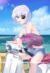  1girl bare_shoulders blue_eyes eyepatch grey_hair highres motor_vehicle mouth_hold ocean scooter short_hair shorts sitting sky solo sword_girls vehicle water 