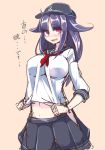  1girl akatsuki_(kantai_collection) akatsuki_(kantai_collection)_cosplay breasts kantai_collection large_breasts long_hair looking_at_viewer navel open_mouth pink_eyes purple_hair shirt_tug skirt smile solo taigei_(kantai_collection) tenken_(gotannda) translation_request undersized_clothes 