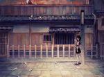  1girl architecture black_hair building commentary east_asian_architecture long_hair looking_at_another looking_up lor968 original paper_airplane railing road school_uniform serafuku street white_hair 
