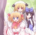  3girls :d :o black_hair blonde_hair blue_eyes bow dress drill_hair frilled_sleeves frills hair_bow hat long_hair luna_child lzh multiple_girls open_mouth red_eyes short_hair smile star_sapphire sunny_milk touhou twintails wide_sleeves wings 