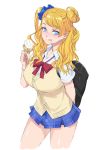  1girl :q arm_behind_back asymmetrical_hair bag blush breasts cardigan earrings food food_on_face gyaru-ko hair_bun ice_cream ice_cream_cone jewelry kogal large_breasts long_hair musashimaru one_side_up oshiete!_gyaru-ko-chan school_bag school_uniform scrunchie solo tongue tongue_out 