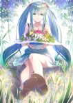  1girl aqua_hair blush bracelet dress flower hatsune_miku jewelry long_hair looking_at_viewer sandals sitting smile solo touboku twintails very_long_hair vocaloid 