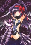  1girl akemi_homura akuma_homura argyle argyle_legwear armpits arms_up bare_shoulders black_gloves black_hair bow choker dark_orb_(madoka_magica) dress elbow_gloves feathered_wings feathers funnyfunny gloves hair_bow long_hair looking_at_viewer mahou_shoujo_madoka_magica mahou_shoujo_madoka_magica_movie solo space spoilers star_(sky) thigh-highs thighs violet_eyes wings 