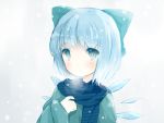  1girl alternate_costume blue_eyes blue_hair bow cirno coat hair_bow hair_ornament hair_ribbon hillly_(maiwetea) looking_at_viewer parted_lips ribbon scarf short_hair simple_background solo touhou white_background wings 