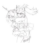  2girls blew_andwhite blush breast_envy breast_grab chain hat headgear highres kantai_collection lineart monochrome multiple_girls mutsu_(kantai_collection) open_mouth piggyback ryuujou_(kantai_collection) short_hair sketch skirt twintails winks 